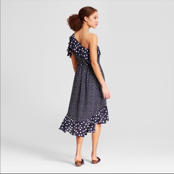 NEW Navy Polka Dot One Shoulder Dress - Picture 3 of 5